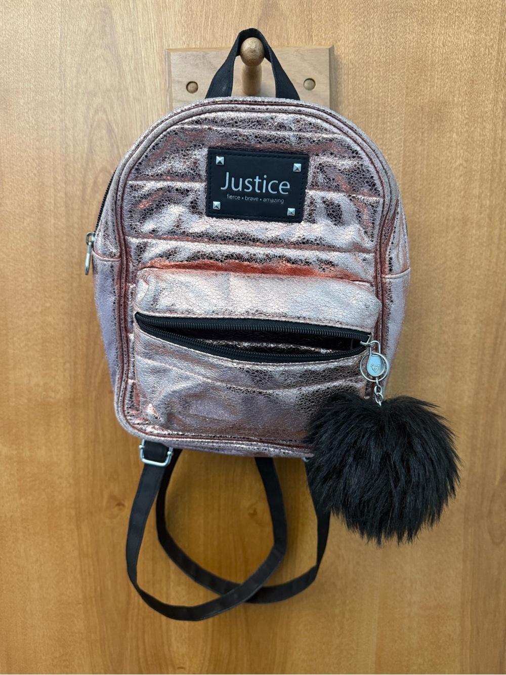 Justice Rose Gold Metallic Mini Backpack with Pom-Pom